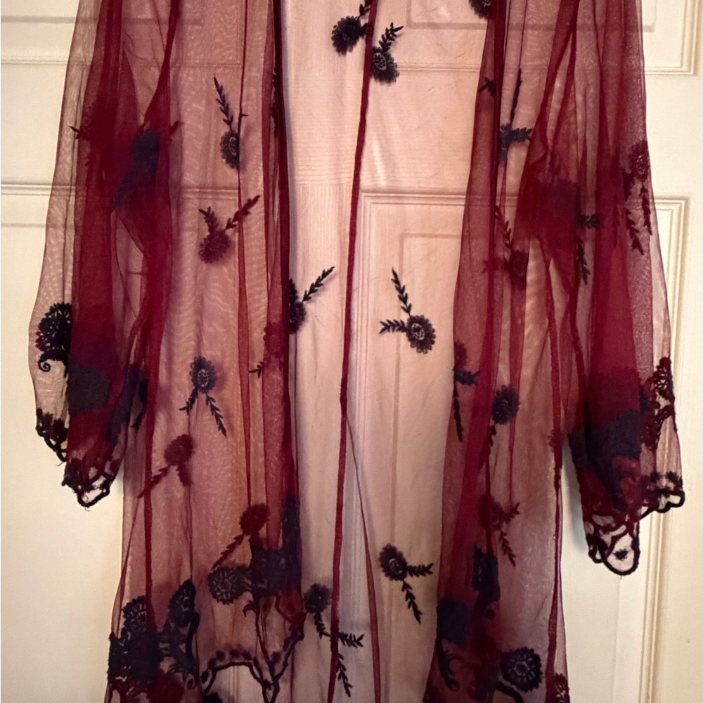 Sheer Embroidered Kimono Robe - Deep Red